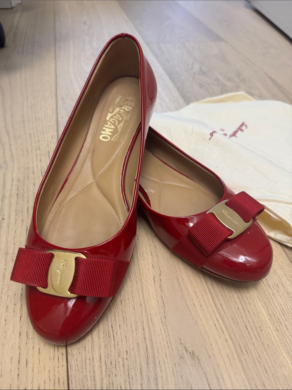 Salvatore Ferragamo Red Patent Leather Vara Bow Ballet Flats